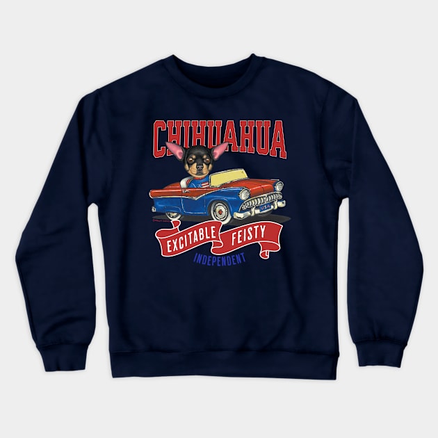 Funny and Cute Chihuahua dog driving a vintage classic retro car with red white and blue banner tee Crewneck Sweatshirt by Danny Gordon Art